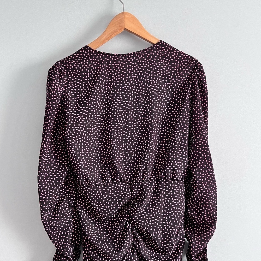 ZARA Ruched Pink Hearts All Over Print Long Sleeve Mini Dress Valentine - Picture 12 of 15